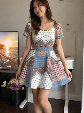 Divided Patchwork size Small Blue, White and Rust Patterned Mini Dress